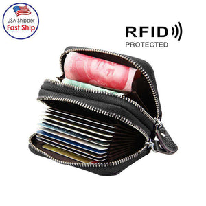 Leather Dual Layer Zipper Card Holder Wallet RFID Blocking Coin Purse Case-Black