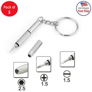 3 in 1 Repair Kit Key Ring with 3 Screwdrivers: Cross 1.5, Straight 1.5,Star Nut M2.5 for Smart Phone, Watches (Silver) - pack of 5