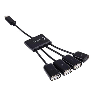 AMZER 4 in 1 USB HUB Type-C, USB 2.0 OTG Cable & Micro USB Power Supply - Black