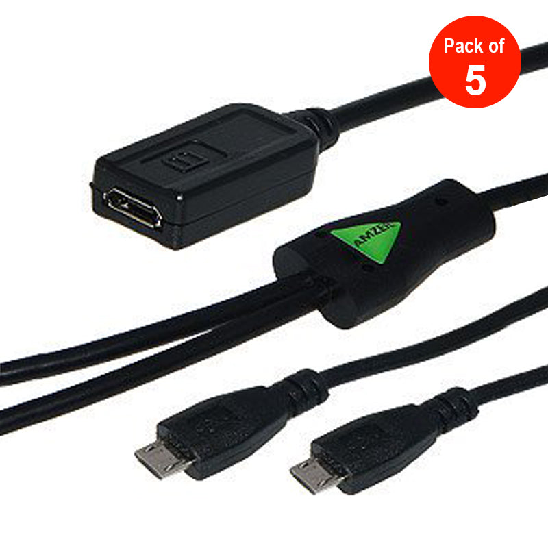 Amzer® Convert Micro USB to Dual Micro USB Twin Y Splitter Charging Handy Data Cable - pack of 5