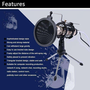 Universal Live Broadcast Bracket Tripod Holder with Anti-spray Net & Microphone Clip & Shockproof Clip, For iPhone, Galaxy, Sony, Lenovo, HTC, Huawei, and other Smartphones - fommystore