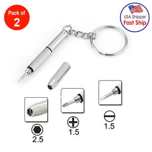 3 in 1 Repair Kit Key Ring with 3 Screwdrivers: Cross 1.5, Straight 1.5,Star Nut M2.5 for Smart Phone, Watches (Silver) - pack of 2