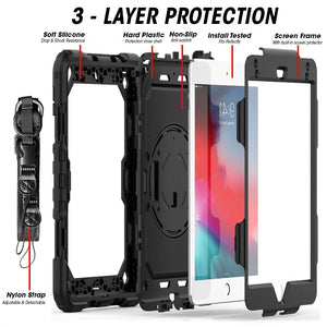 AMZER TUFFEN Black Case with Hand Strap, Neck Lanyard and Pencil Holder for iPad mini 4\ iPad Mini 5th Gen 7.9 Inch