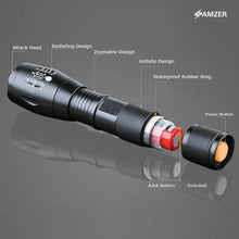 Load image into Gallery viewer, Waterproof Tactical Zoom Torch/ Flashlight With 5 Mode Settings &amp; Wrist Lanyard Included
