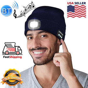 AMZER Bluetooth Beanie Wireless Headphone Knitted Warm Winter Hat with LED Light for Outdoor Night Running - Navy Blue