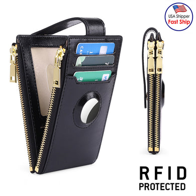 AMZER Women's Oil Waxed Slim Leather Wallet Card Holder with RFID for AirTag