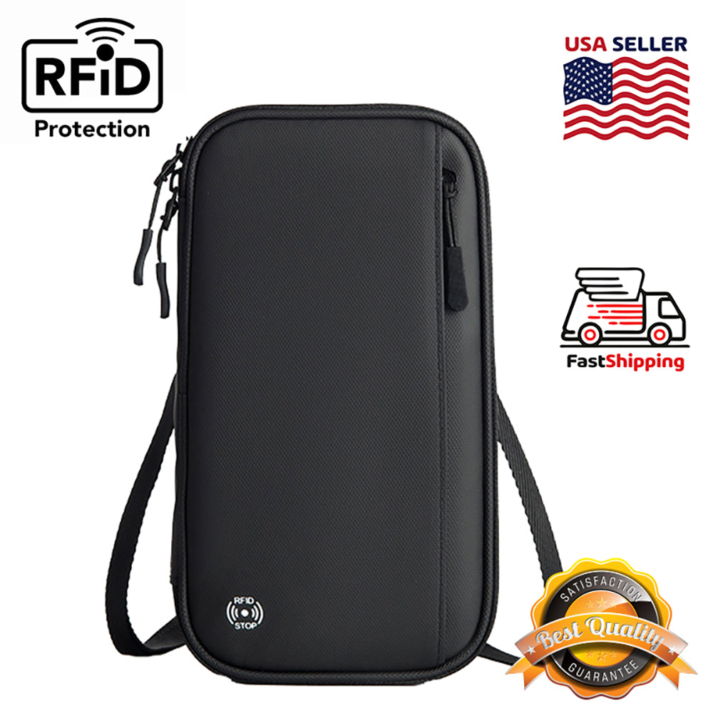 AMZER Travel Handheld ID Bag RFID Waterproof Multi-Card Neck Passport Case - Black