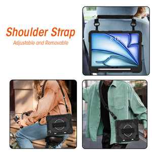 AMZER TUFFEN Multilayer Case with 360 Degree Rotating Kickstand with Shoulder Strap, Hand Grip, Pencil Holder for iPad Air 11 2025 / 2024 - Black