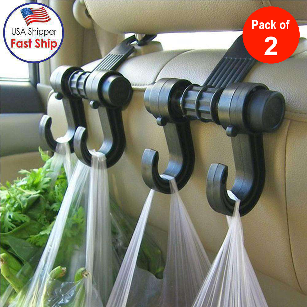 Amzer Car Vehicle Multi-functional Seat Headrest Bag Hanger Hook Holder Double Hooks - Black - Pack of 2
