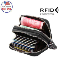 Load image into Gallery viewer, Leather Dual Layer Zipper Card Holder Wallet RFID Blocking Coin Purse Case-Black - fommystore