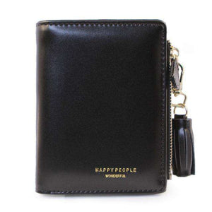 AMZER Bifold Tassel Women PU Leather Wallet Short Credit Card Holder Purse - Black - fommystore