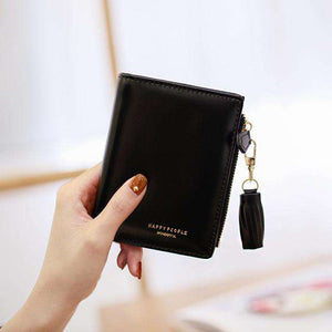 AMZER Bifold Tassel Women PU Leather Wallet Short Credit Card Holder Purse - Black - fommystore