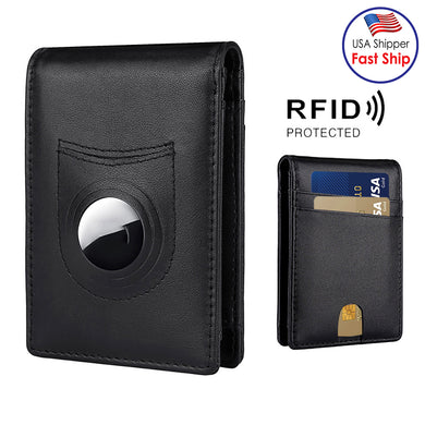AMZER RFID Leather Wallet and Credit Card Holder for Use With AirTag - Black