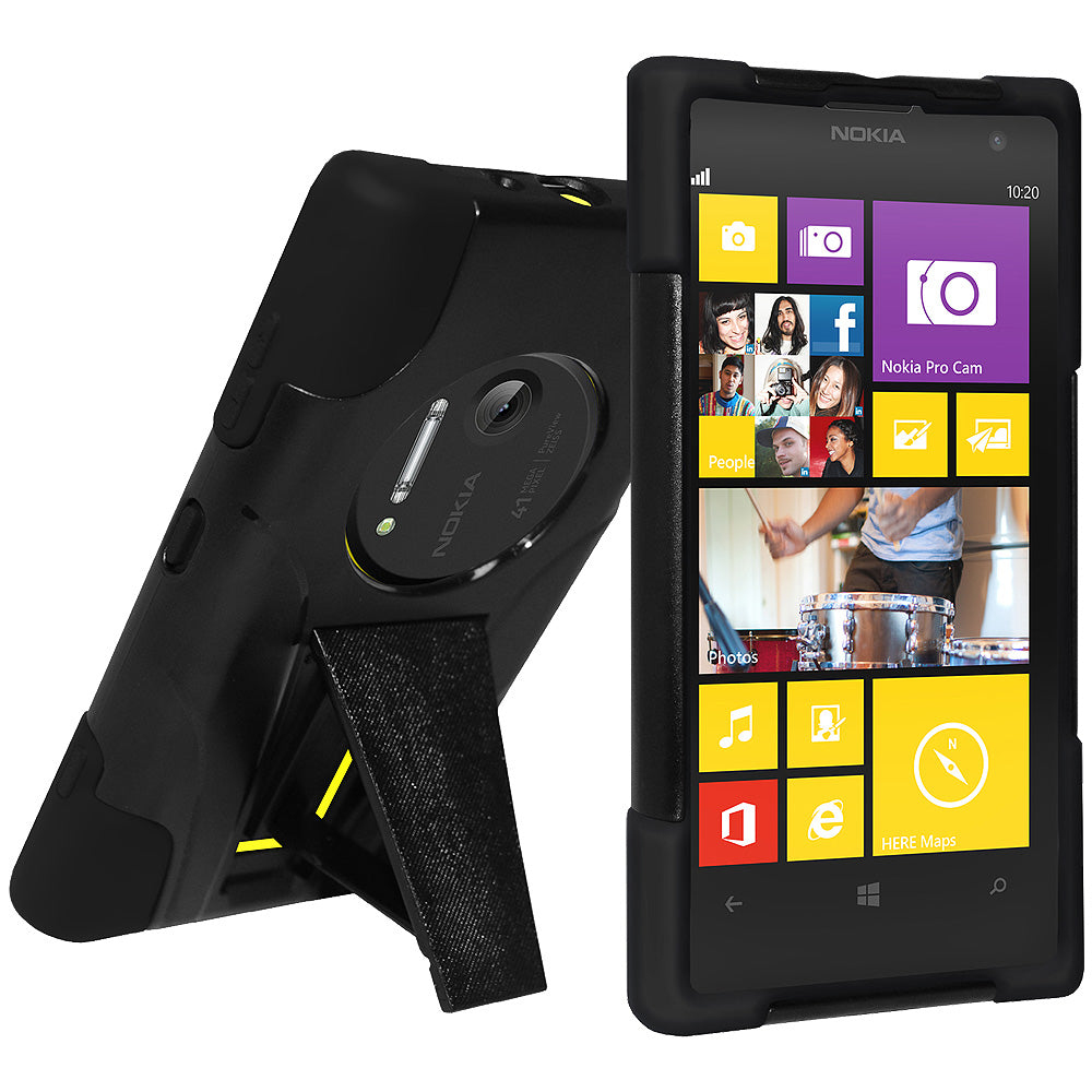Amzer Double Layer Hybrid Case Cover with Kickstand for Nokia Lumia 1020 - Black